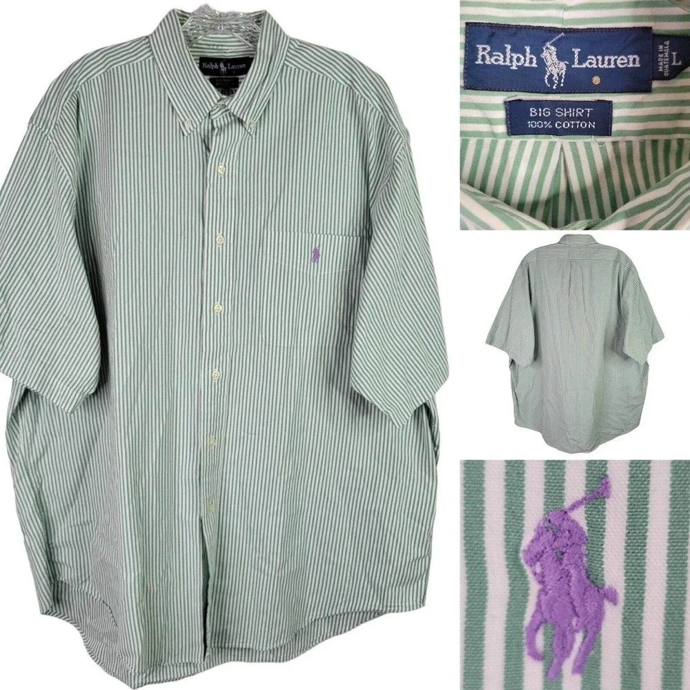 Polo Ralph Lauren Big Shirt Oxford Men's L Green Striped SS Button Down Cotton